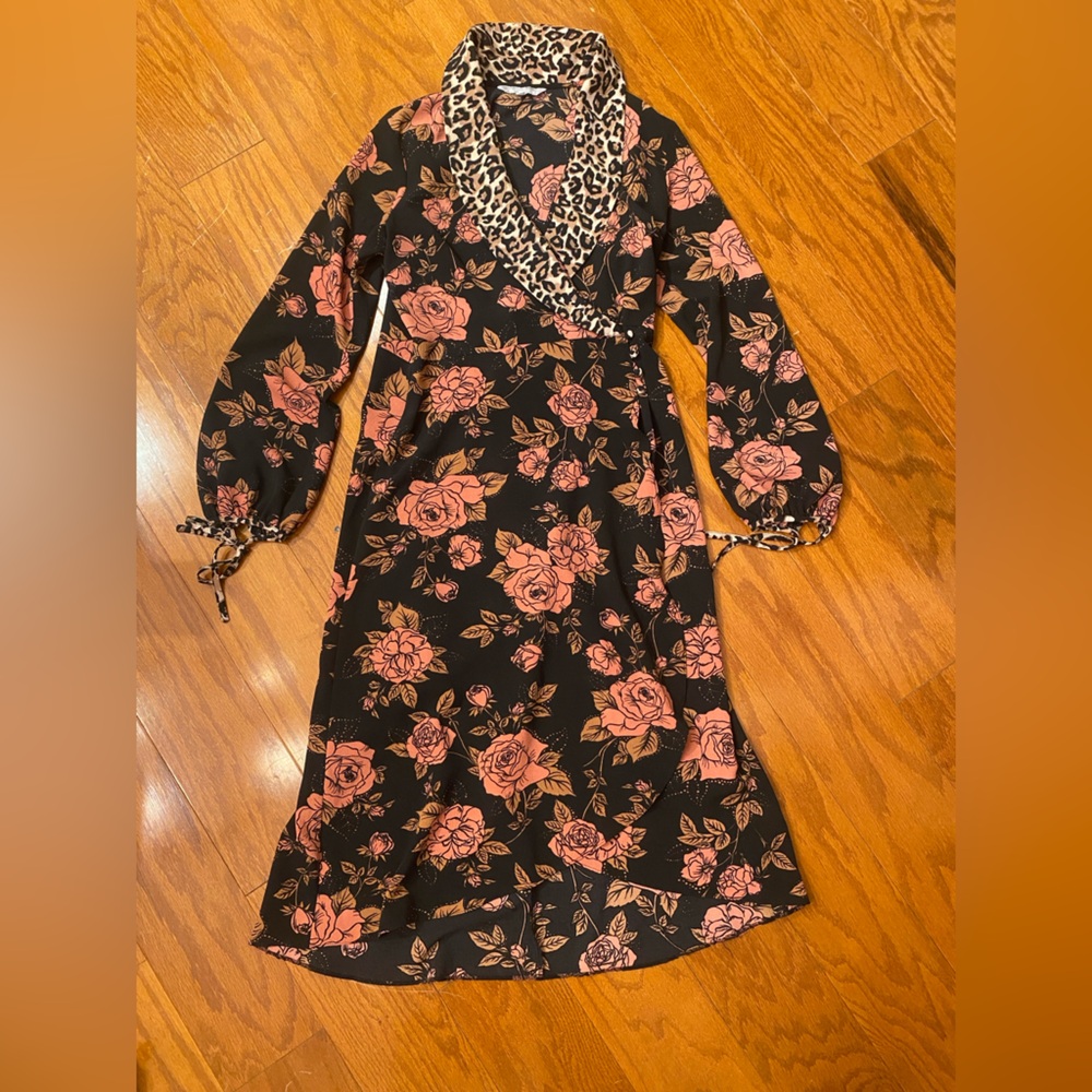 Floral Black and Pink Midi Dress with Leopard Accents